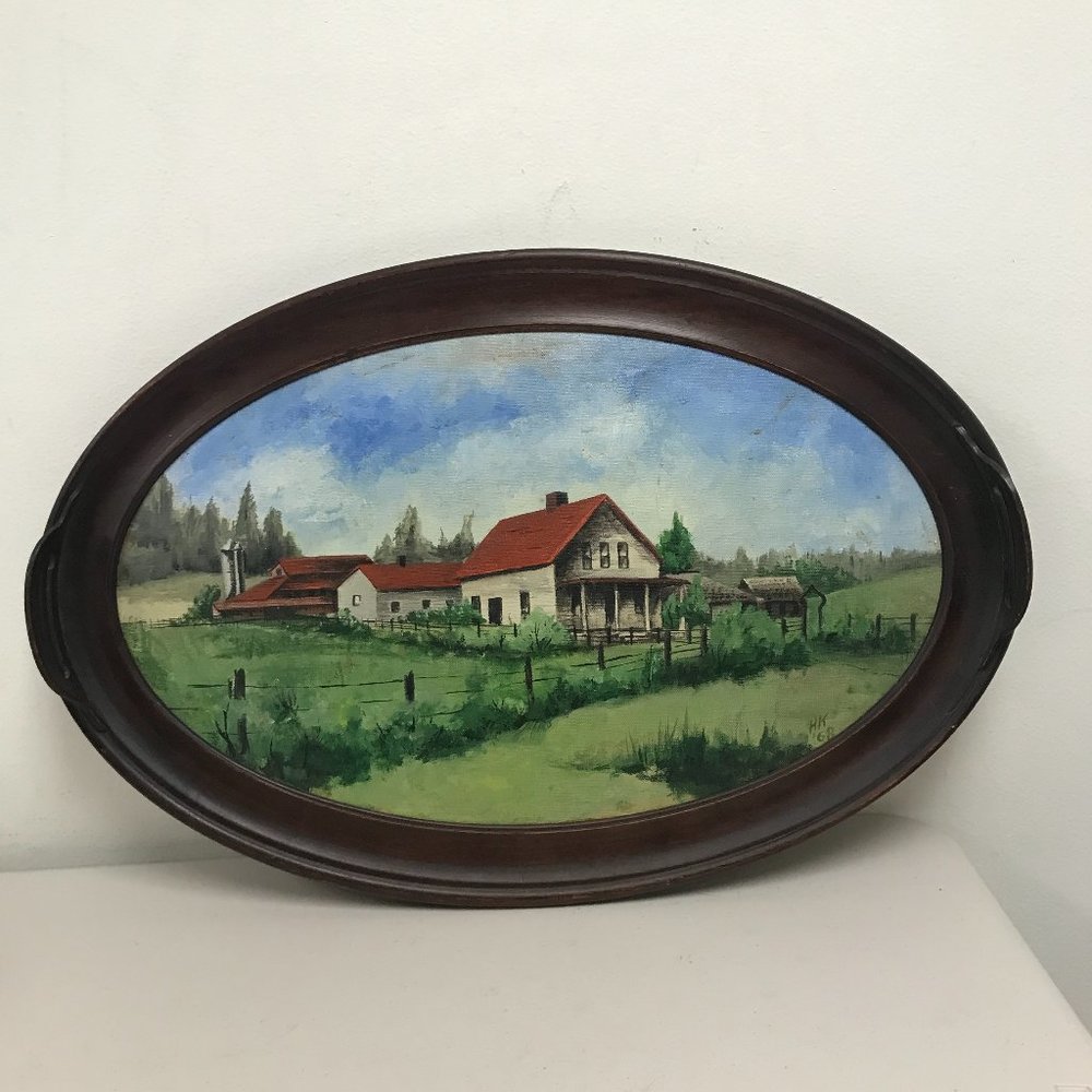 Antique tray with Oil painting country farm house Signed HK 68 wall art